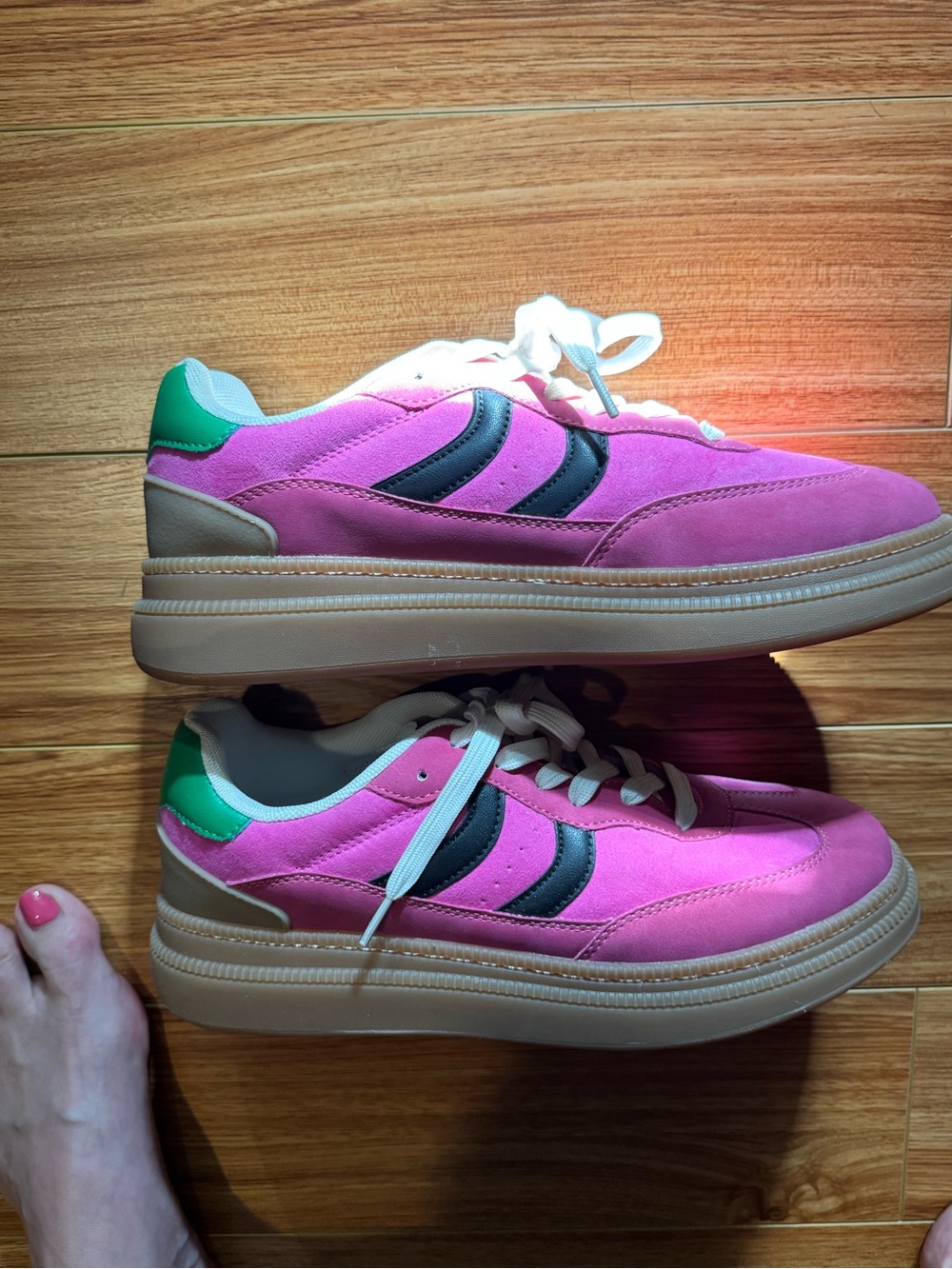 Steve Madden Pink Suede Sneakers with Green Heel and Black Stripes